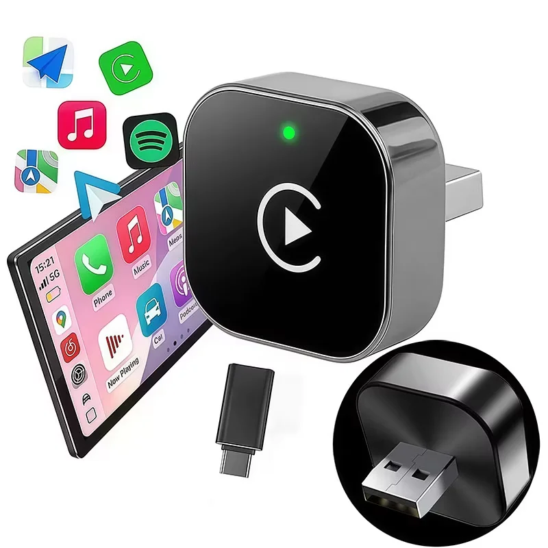 Vyvylabs Neuer 2-in-1 Kabelloser CarPlay-Adapter Plug-and-Play Auto-Adapter mit USB/USB-C-Anschluss Auto-Zubehör für iPhone 10 und Android 11 und höher