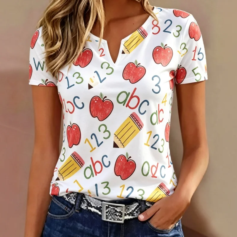 Women Notch V Neck T‑Shirt Summer Short Sleeve 3D Full Print Casual Tees Ladies Loose Daily Tops