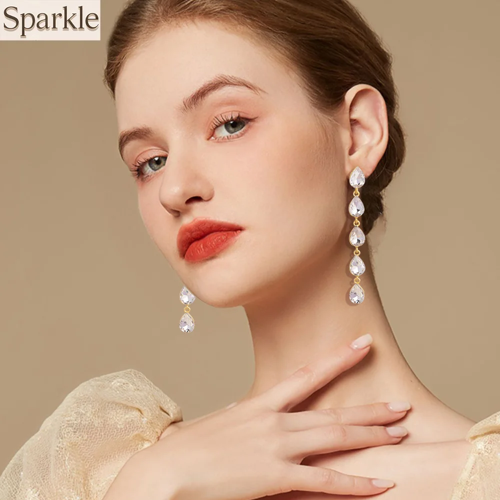 

S925 Silver Needle Dangle Earrings Exaggerated Water Drop Design Big Rhinestones Multi-Color Crystal Sparkle Pendant Earrings