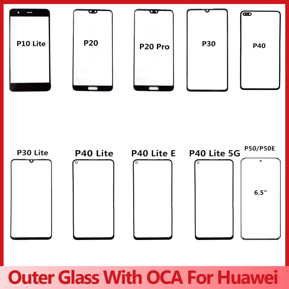 전면 터치 패널 LCD 디스플레이 유리 커버 수리 교체 부품, 외부 유리 + OCA, 화웨이 P50 P10 P20 Pro P30 P40 Lite E 4G 5G