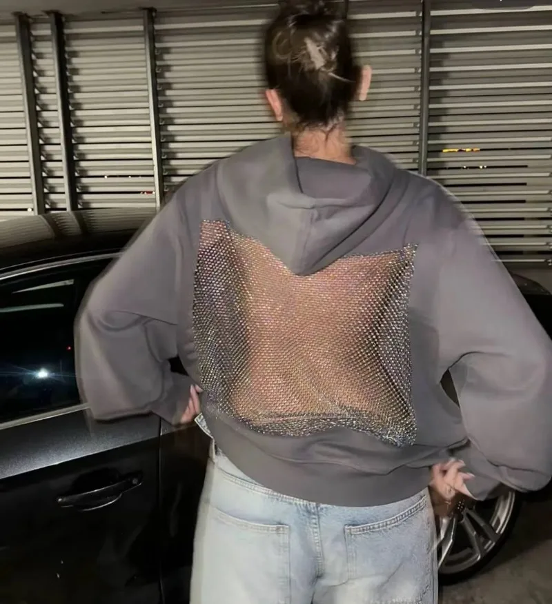 Amerikanischen Stil Sexy Ausgehöhlt Frauen Hoodie Y2K Gothic Harajuku Mesh High Street Hip Hop Hoodie Punk Casual Jacke Sweatshirt