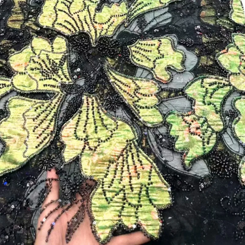 

Black Beaded Floral Embroidered Lace Fabric 2026 Classic French Design High Quality Tulle Mesh Material for Wedding Party Dress