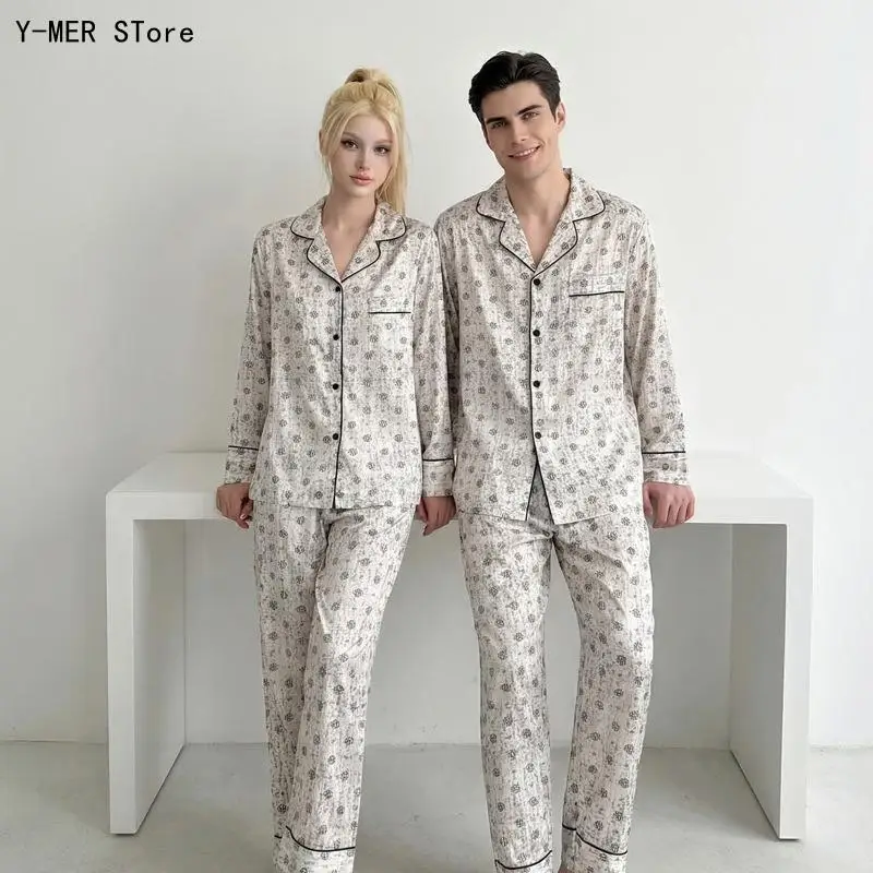 New Arrival Couple Pajamas, European Style Ice Silk Long Sleeve Loungewear, Casual Home Clothes Set for Men Women Spring Autumn