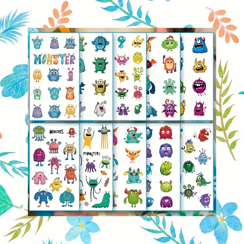 10pcs Pack of Adorable Cartoon Little Monster Waterproof Temporary Tattoo Stickers