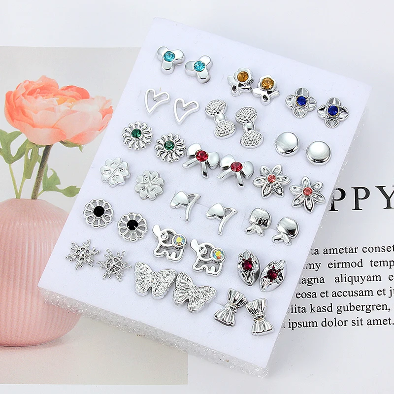 18 Pairs Colorful Rhinestone Hollow Flower Animal Mix Style Plastic Stud Earrings Set For Women Girls