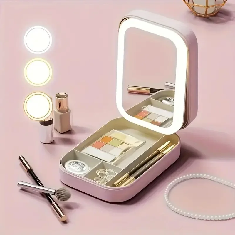 

Portable LED Lighted Makeup Mirror Box - Foldable Travel Cosmetic Organizer with USB Rechargeable Battery, Pink Leather Design f