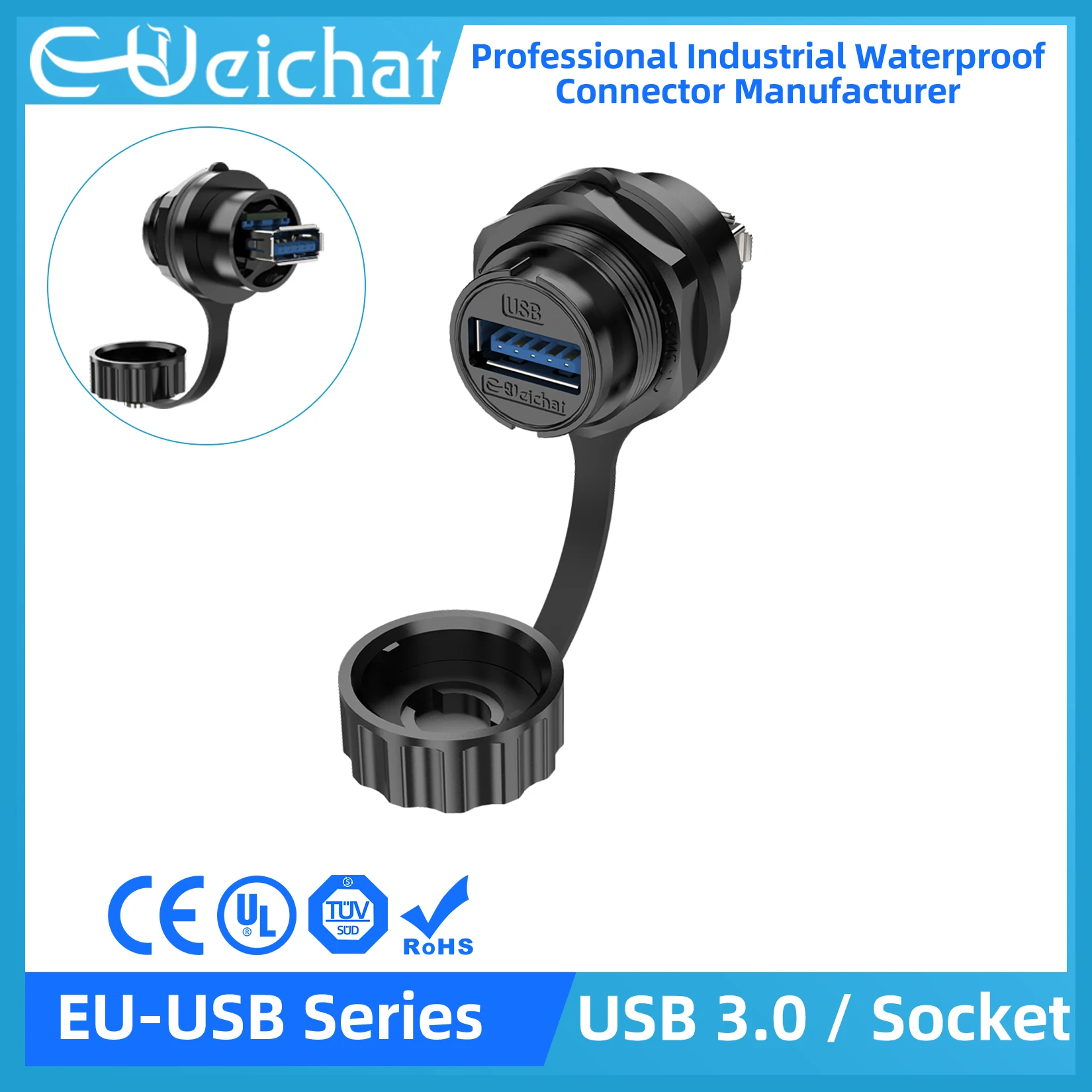 E-WeiChat  Front Nut Fix Female to Female USB3.0 Connector Panel Mount Socket Receptacles Waterproof IP67 Bayonet Connection