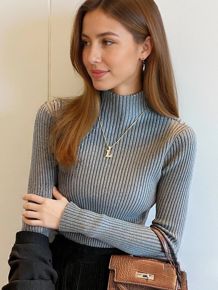Autumn Winter Half High Neck Sweater Women Casual Basic Knit Pullover Fashion Slim Fit Long Sleeve Solid Color Primershirt