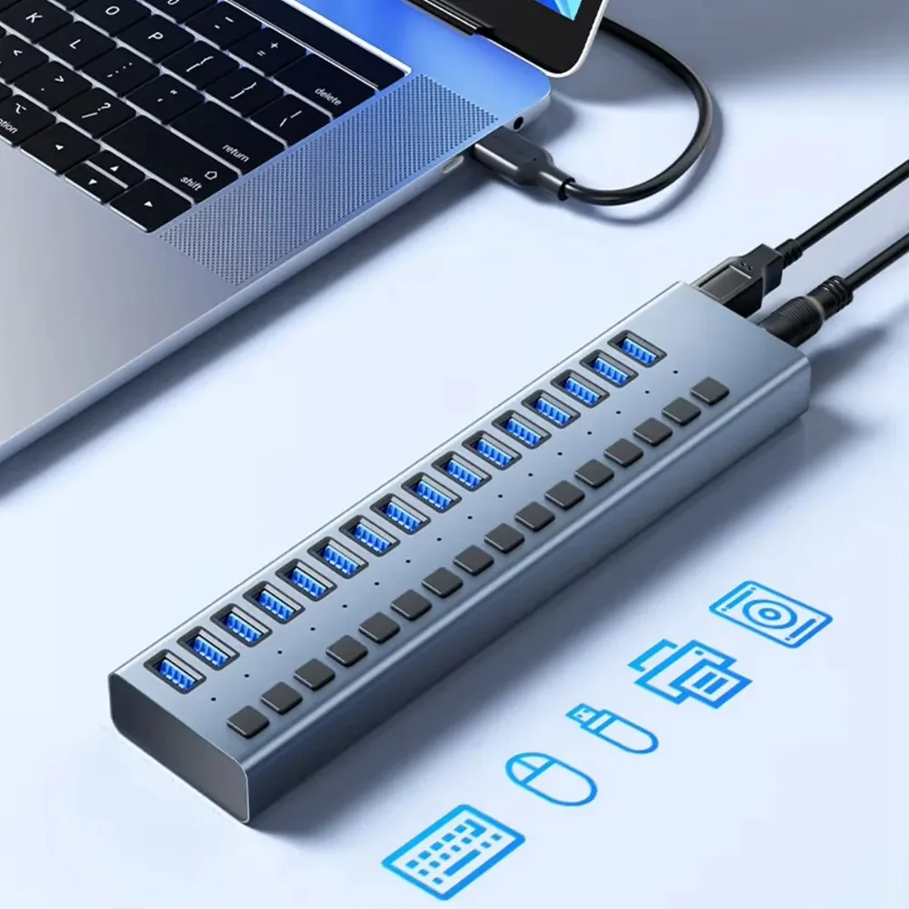 16-Port USB 3.1 Hub 10Gbps Industrial-Grade Aluminum Alloy 90W Power Adapter, Individual Switches, Fast Charging & Data Transfer