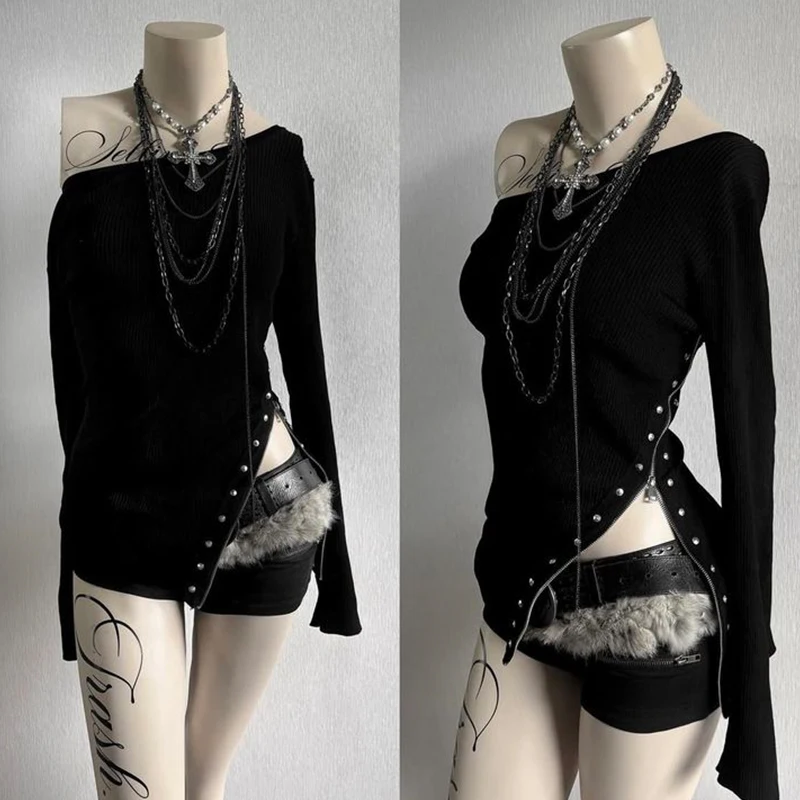 Gothic Y2K Women's Long-Sleeve T-Shirt  Slim Fit Chic Slash Neck Zipper Design Crop Top Rock Punk Hip Hop Women's Streetwear