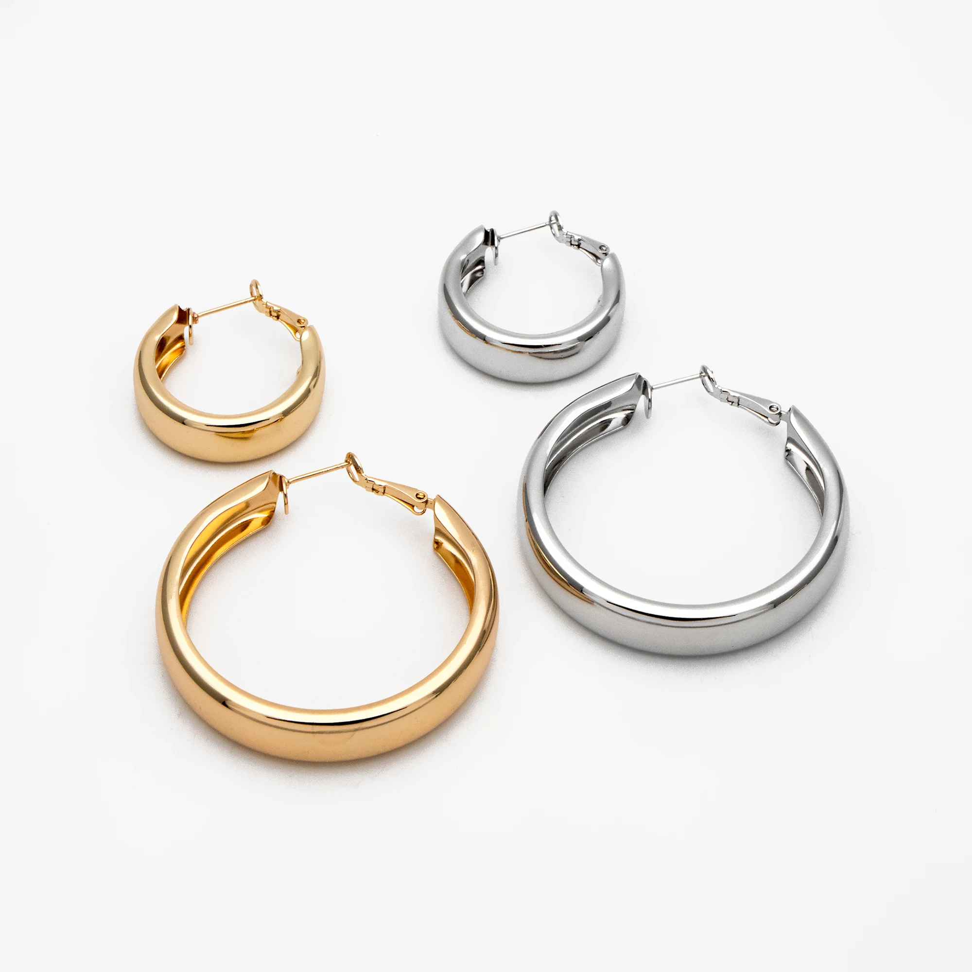 4pcs Chunky Round Leverback Ear Hooks 30mm/ 50mm, 18K Gold/ Rhodium Plated Brass, Geometric Hoop Earrings (GB-3730)