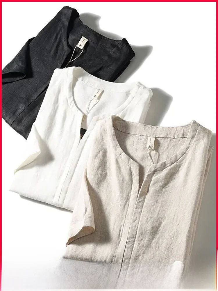 

Loose Fit Linen Short Sleeve Shirt Men's Summer Breathable Comfortable Casual round Neck Fashionable Chinese Style Top