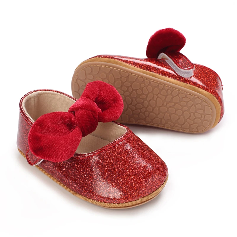 Red Newborn Baby Shoes Baby Girl Shoes Cute Classic Bowknot Rubber Sole Anti-slip PU Dress Shoes First Walker Toddler Crib Shoes