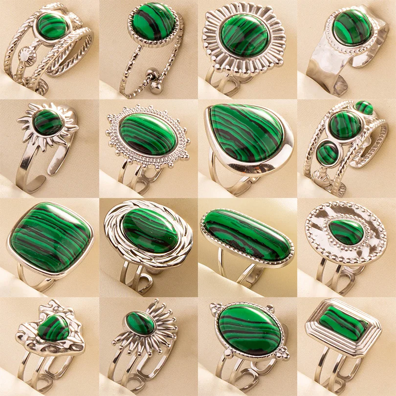 1pc Green Turquoise Ring Hippie Stainless Steel Silver Color Charm Opening Adjustable Ring Women Chunky Bohemian Party Jewelry