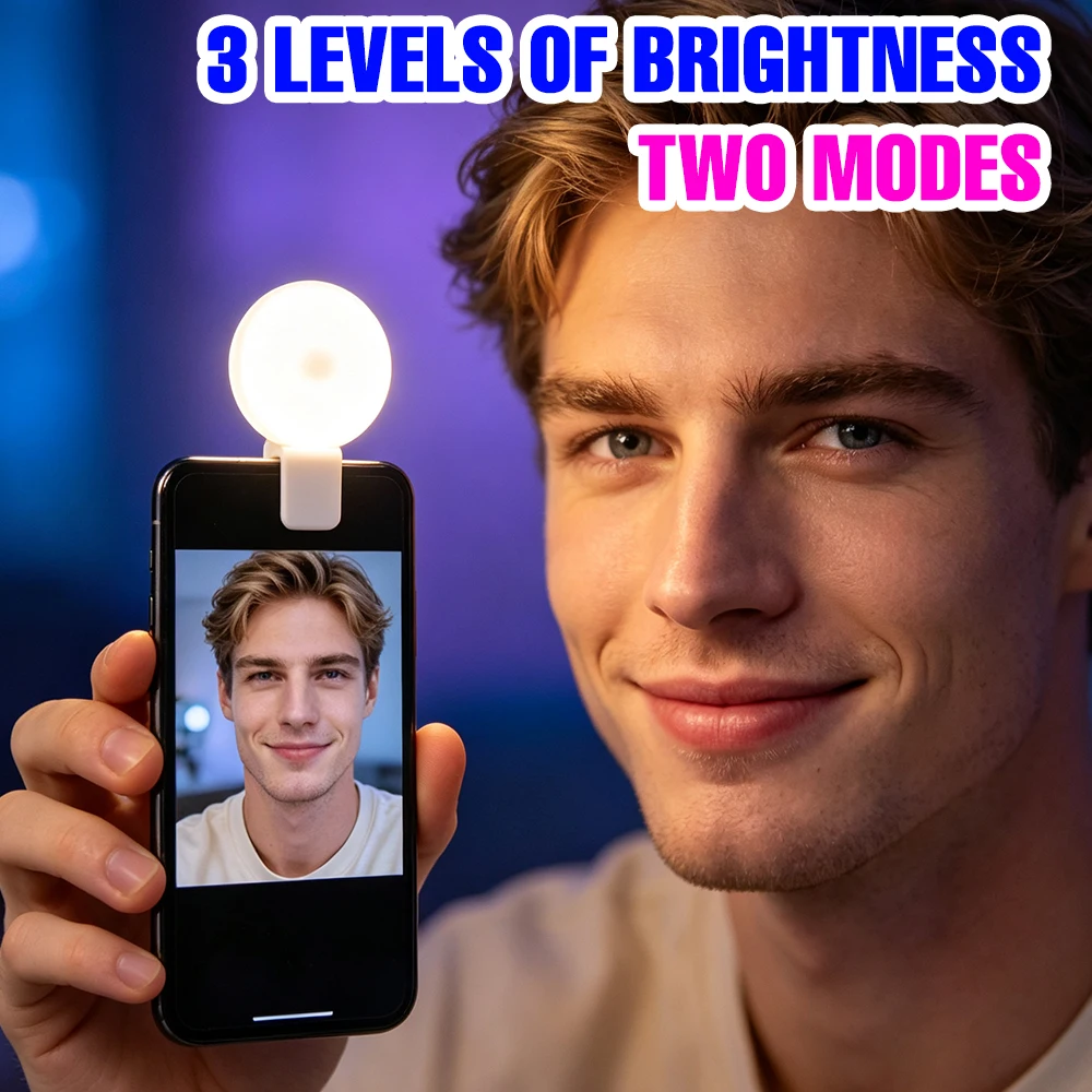 Luz LED de clip para selfies, 3 niveles de brillo, 2 modos, recargable por USB, mini lámpara de anillo para móvil, transmisiones en vivo, vlogs, maquillaje, autorretratos.