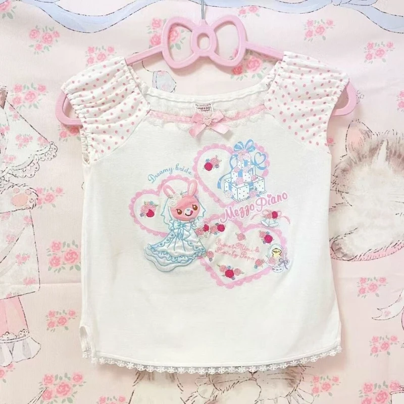 Y2k Kawaii Oberteile Damen Japanischer Harajuku Patchwork T-Shirt Locker Sitzend Fairy Grunge Lässig Süß Niedlich Tee Chic