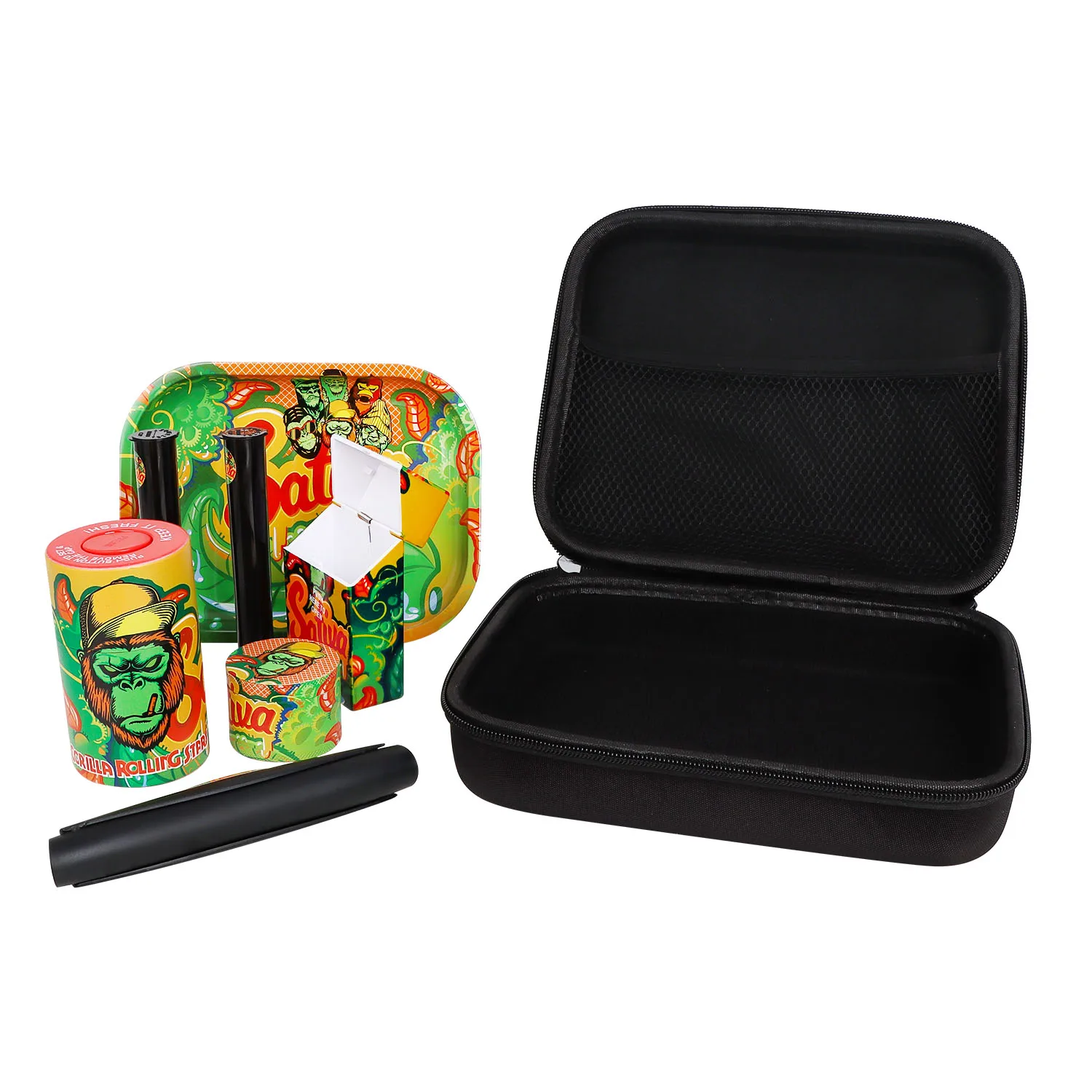 Gorilla Smoking Tobacco Kit Set Rolling Tray Airtight Herb Container Zinc Alloy Smoke Grinder Herbal King Size Roller Machine