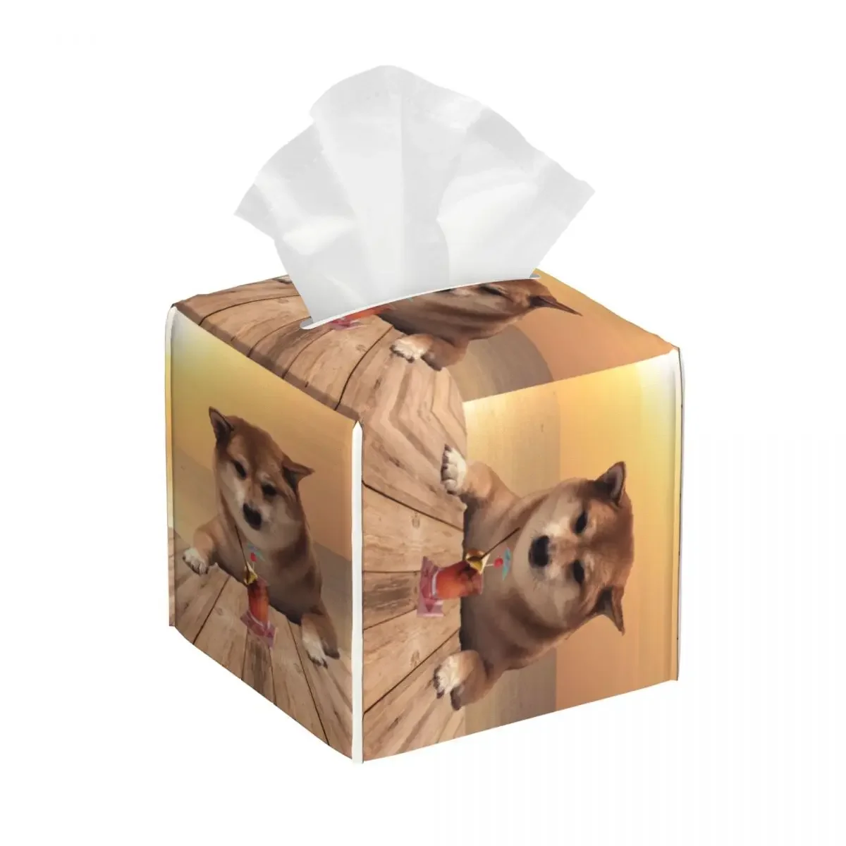 Custom Cheems On The Vacation Facial Tissue Box Cover Square Shiba Inu Doge PU Leather Tissue Box Holder for Car Office