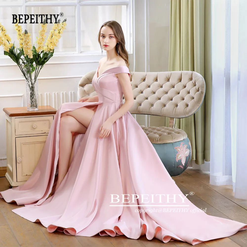 BEPEITHY Customized Sweet Pink Off The Shoulder Evening Dresses High Slit Prom Dress 2023 Vestido Elegante Mujer Para Fiesta