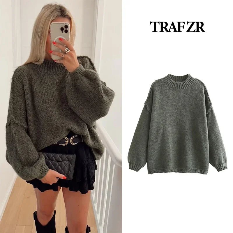 TRAF ZR Pullover Women Crop Knit Women\'s Winter Warm Sweater Women Clothing 2023 New Arrivals Y 2k Top Long Sleeve Knitwears