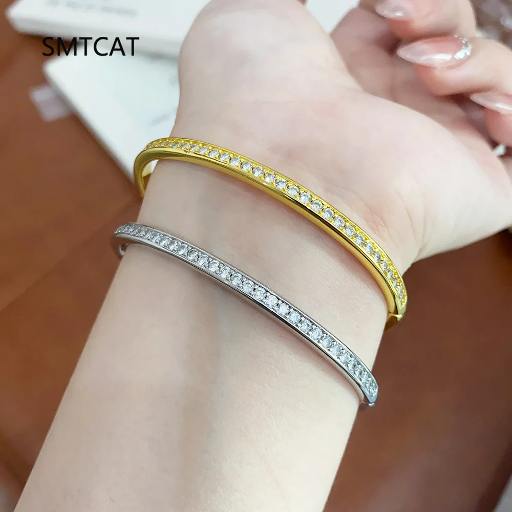 4mm D Color Simulated Moissanite Bangle For Women S925 Sterling Silver Sparkling Hand Bracelet Plated 18K White Gold Jewelry