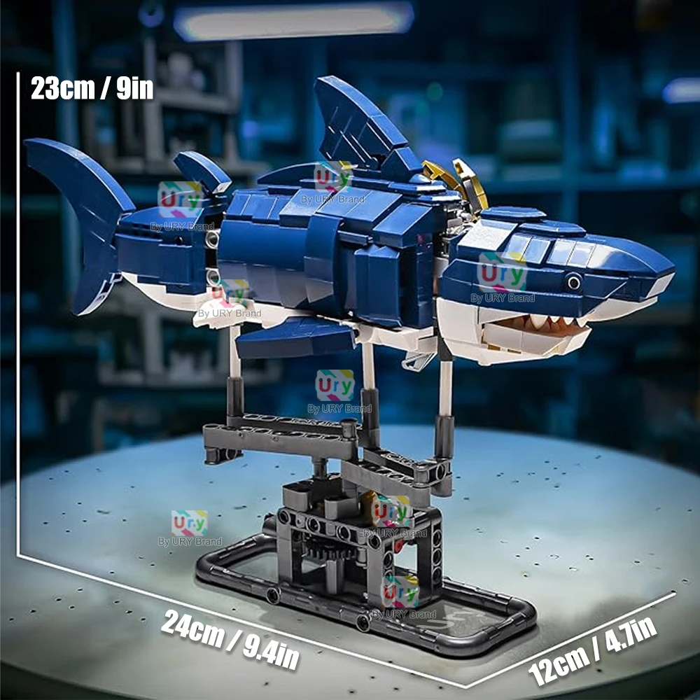 Technical Moc Ocean Mechanical Shark Marine Animal With Display LED Light Model Set Building Blocks Diy Assemble Toys for Gifts