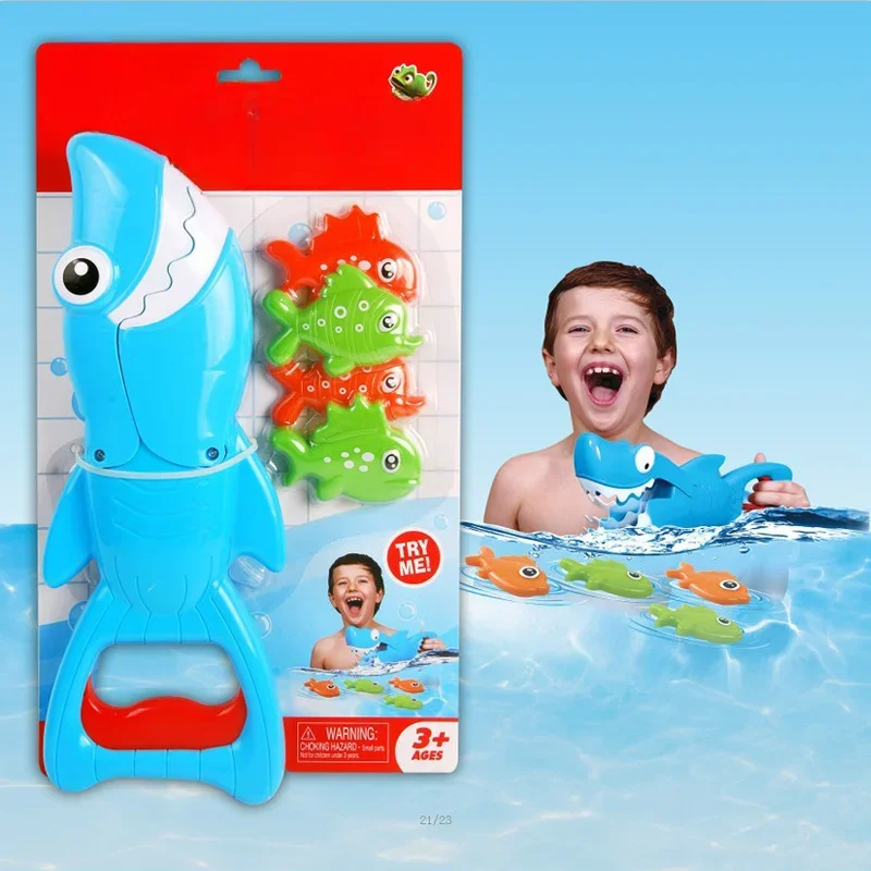 0-3Y Funny Shark Bath Toy for Boys Girls Catch Game with 4 Fishes Bathtub Interactive Bathing Puzzle Fishing Water Toy