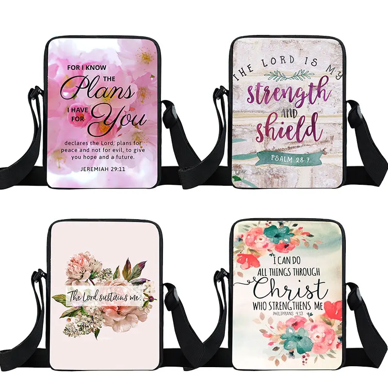 Bible Verse He Will Sustain You Print Shoulder Bag Women Classic Bible Verse Floral Messenger Bags Canvas Crossbody Bag Gift