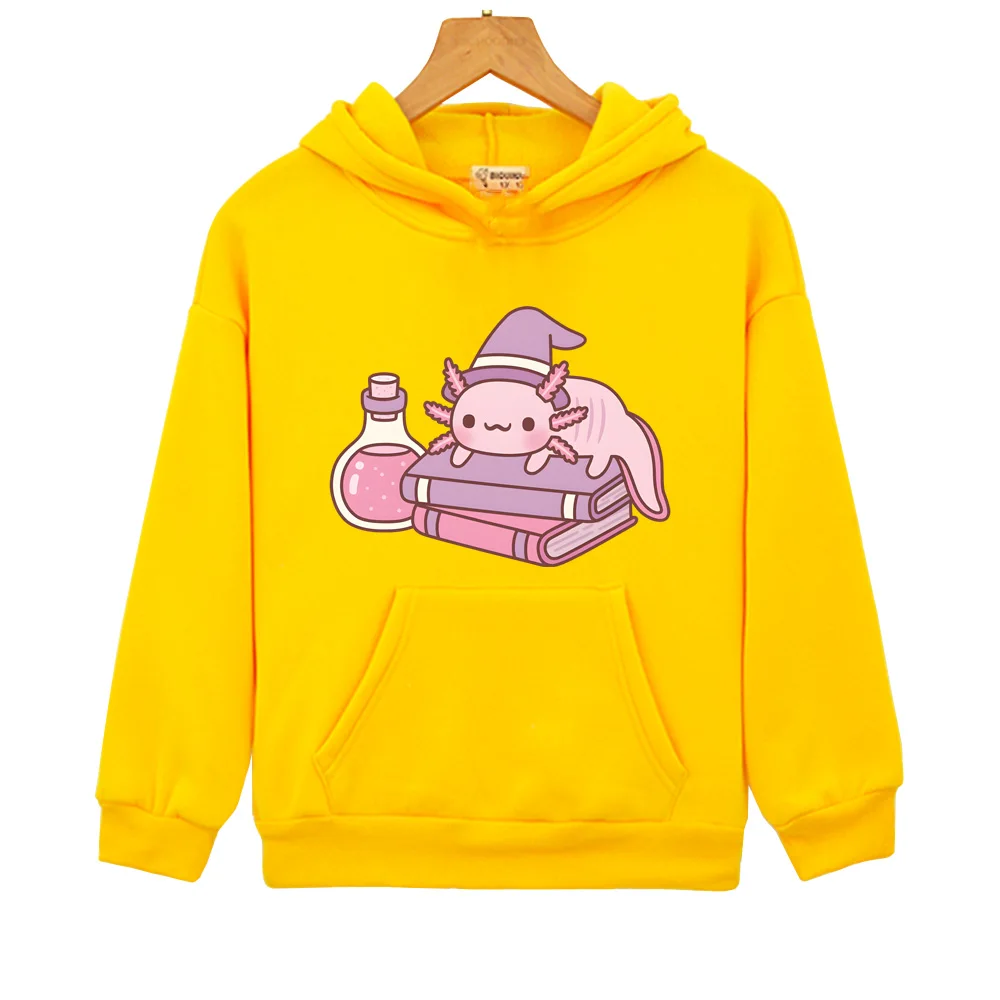 

Cute Axolotl On Books Witches Familiar Hoodies Kids Cartoon Print Sweatshirts Children Clothing Toddler Girls Clothes Tops
