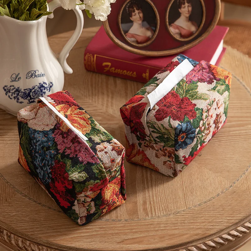 Vintage Floral Cotton Linen Cloth Art Tissue Box Outdoor Tissue Case Portable Storage Car Tissue Holder Desk Table Napkin Holder