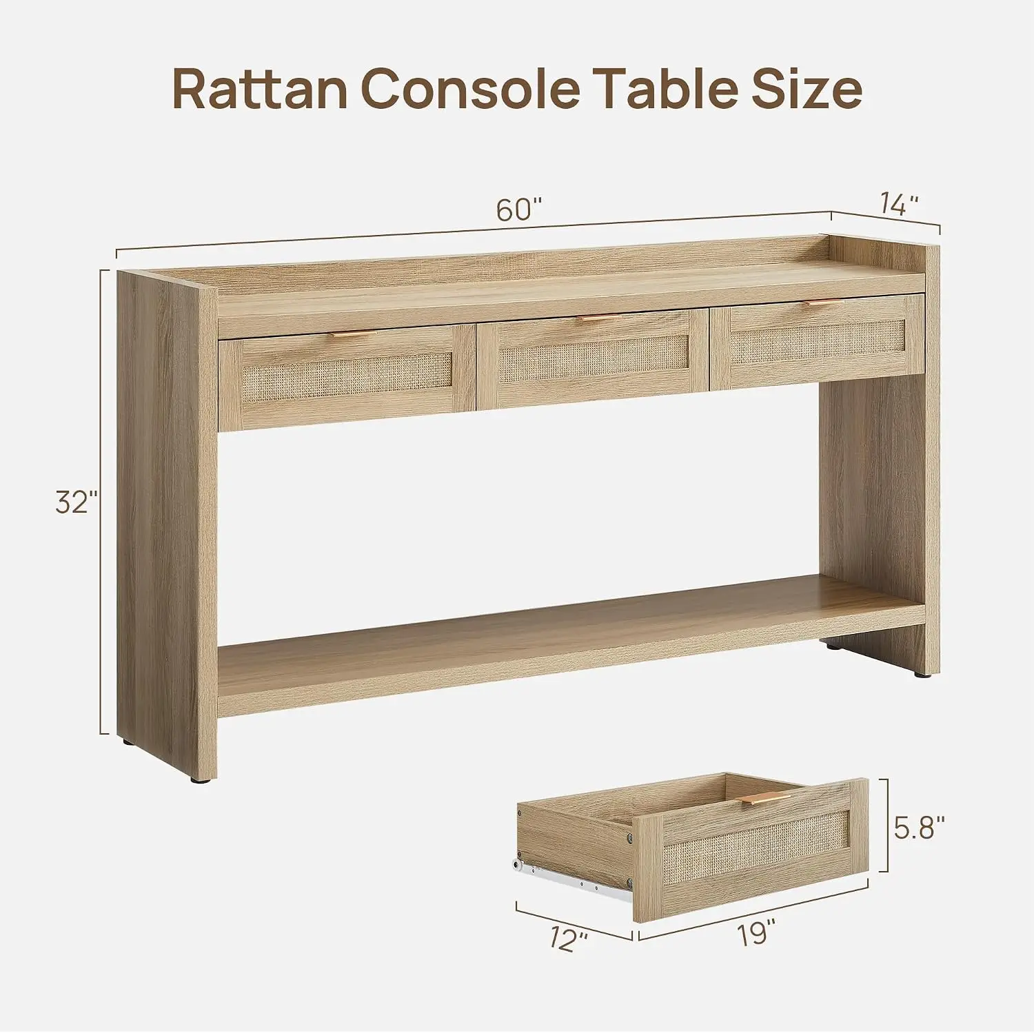 60‑Inch Rattan Farmhouse Console Sofa Table with Storage Drawers, Long Narrow Behind‑Couch Accent Table for Entryway, Hallway, Foyer and Living‑Room