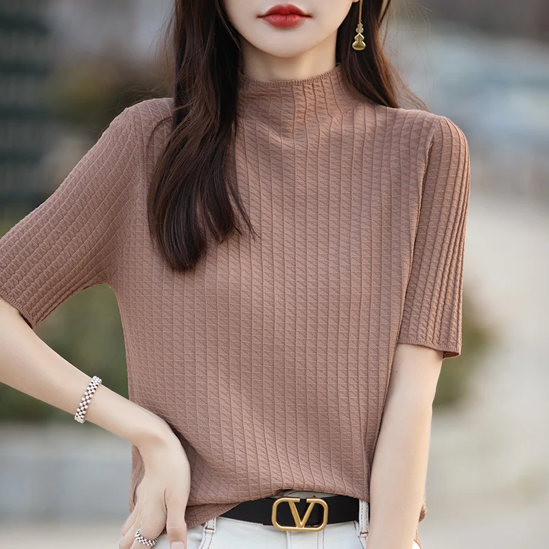

24 Summer New Half High Collar Ice Silk Short sleeved Women's Thin Jacquard Knitted Half sleeved T-shirt Loose Top