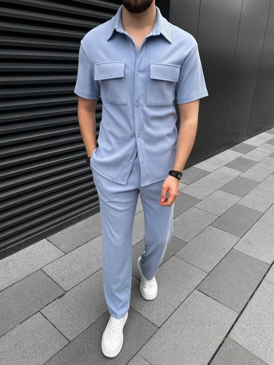 Men's Spring Summer Corduroy Short-Sleeved Shirt And Long Pants Set Casual Lapel Button Pocket Fashionable Two-Piece Outfit