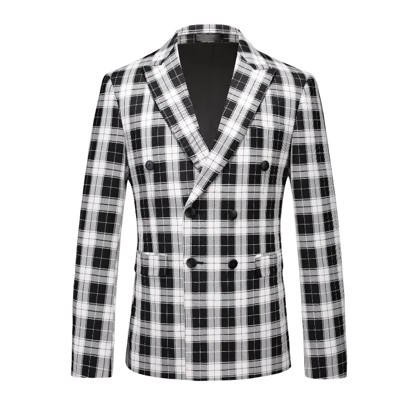 

Men's Double Breasted Plaid Blazer Black White Checkered Suit Jacket Casual Formal Business Blazer for Wedding Prom Party
