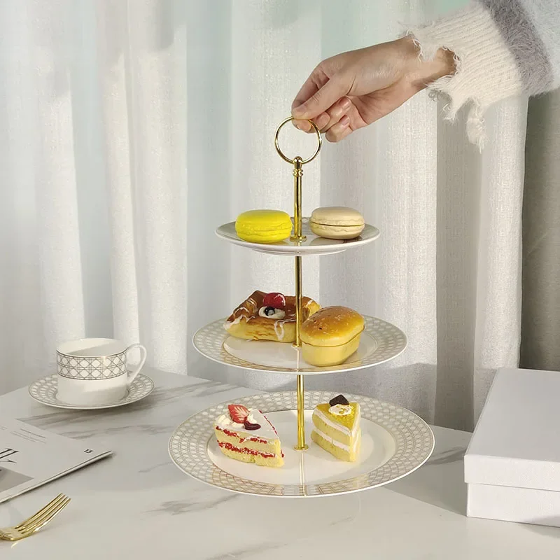 Gold Checkered Bone China Hotel Display Table Double And Triple Layer Pastry Cake Plates High-End Light Luxury Gift Box Set