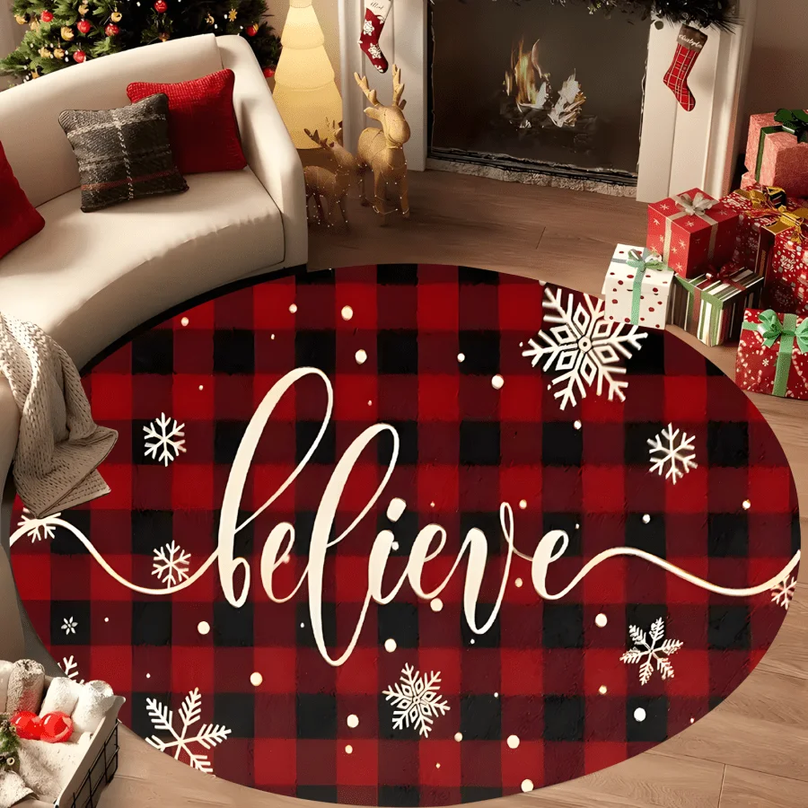 1pc Red‑Black Plaid Snowflake & Yellow‑Letter Printed Round Area Rug, Christmas Floor Mat, Autumn‑Winter Home Decor