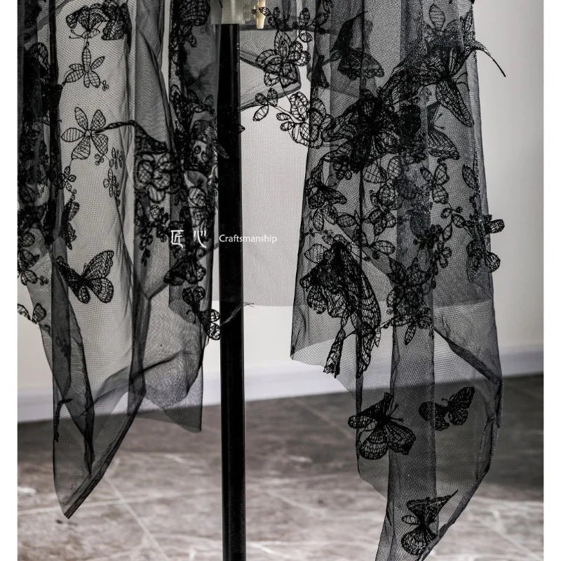 Black Butterfly Plant Embroidery Semi Transparent Mesh Gauze Creative Handmade Wedding Dress Dress Dress Clothing Design Fabric