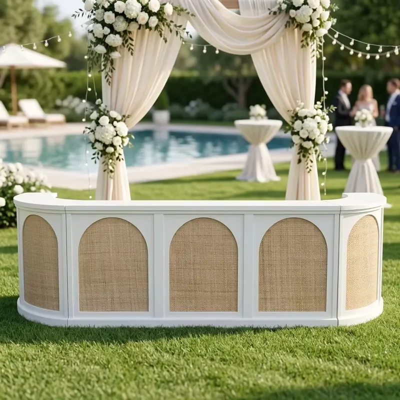 New Style Arched Solid Wooden Wedding Furniture Rental Oval Combination White Frame bar Counter for Event