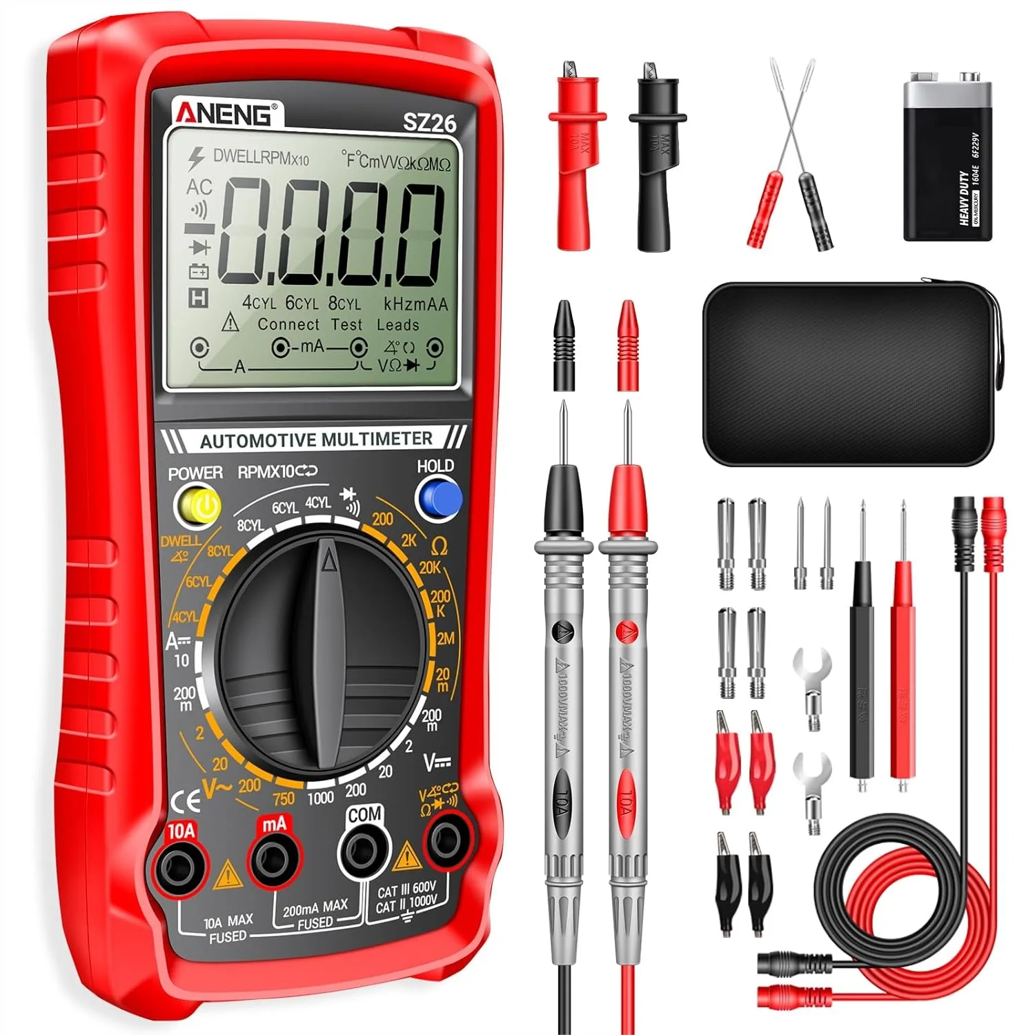 

Digital Multimeter with Tachometer 500-10000RPM for Car Diagnostics, AC/DC Voltage, Dwell Angle, Duty Cycle, Large LCD, Data