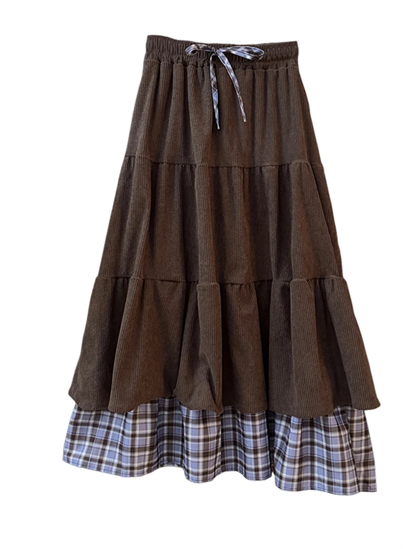 Falda de pana de estilo coreano para mujer Otoño Invierno cintura alta contraste Color faldas gruesas Retro cálido marrón A-line faldas largas