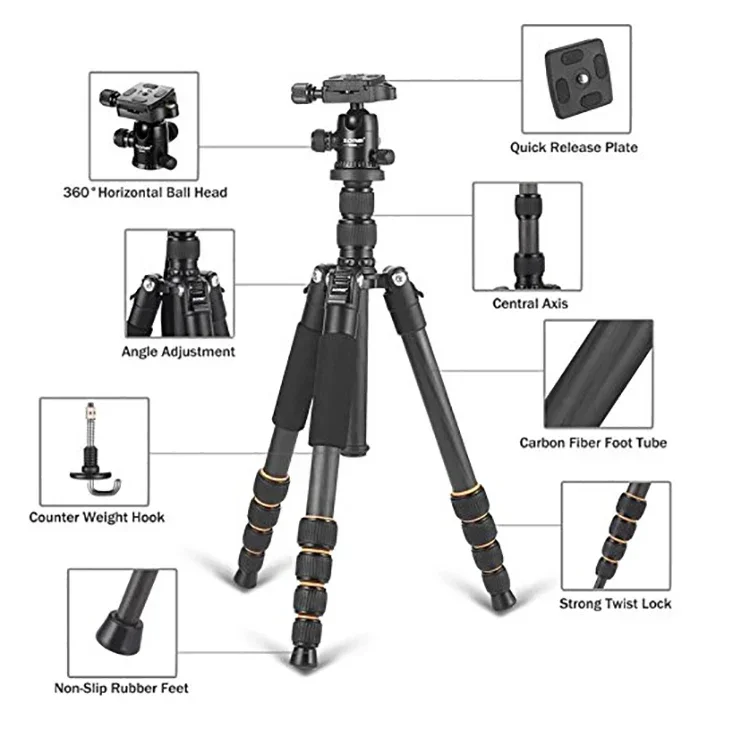 Профессиональный фотоштатив Q666c из углеродного волокна 156 см для DSLR-камер и видеосъемки с моноподом Профессиональный фотоштатив Q666c из углеродного волокна 156 см для DSLR-камер и видеосъемки с моноподом