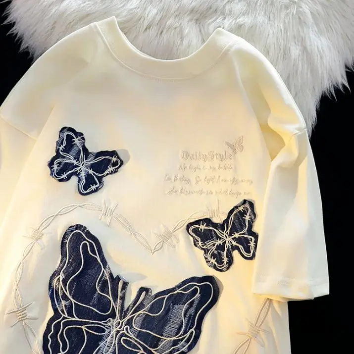 Summer High Street Butterfly Personality Graphic Short Sleeved American Couple Hip-Hop Loose Casual T-Shirt Top 2024 New