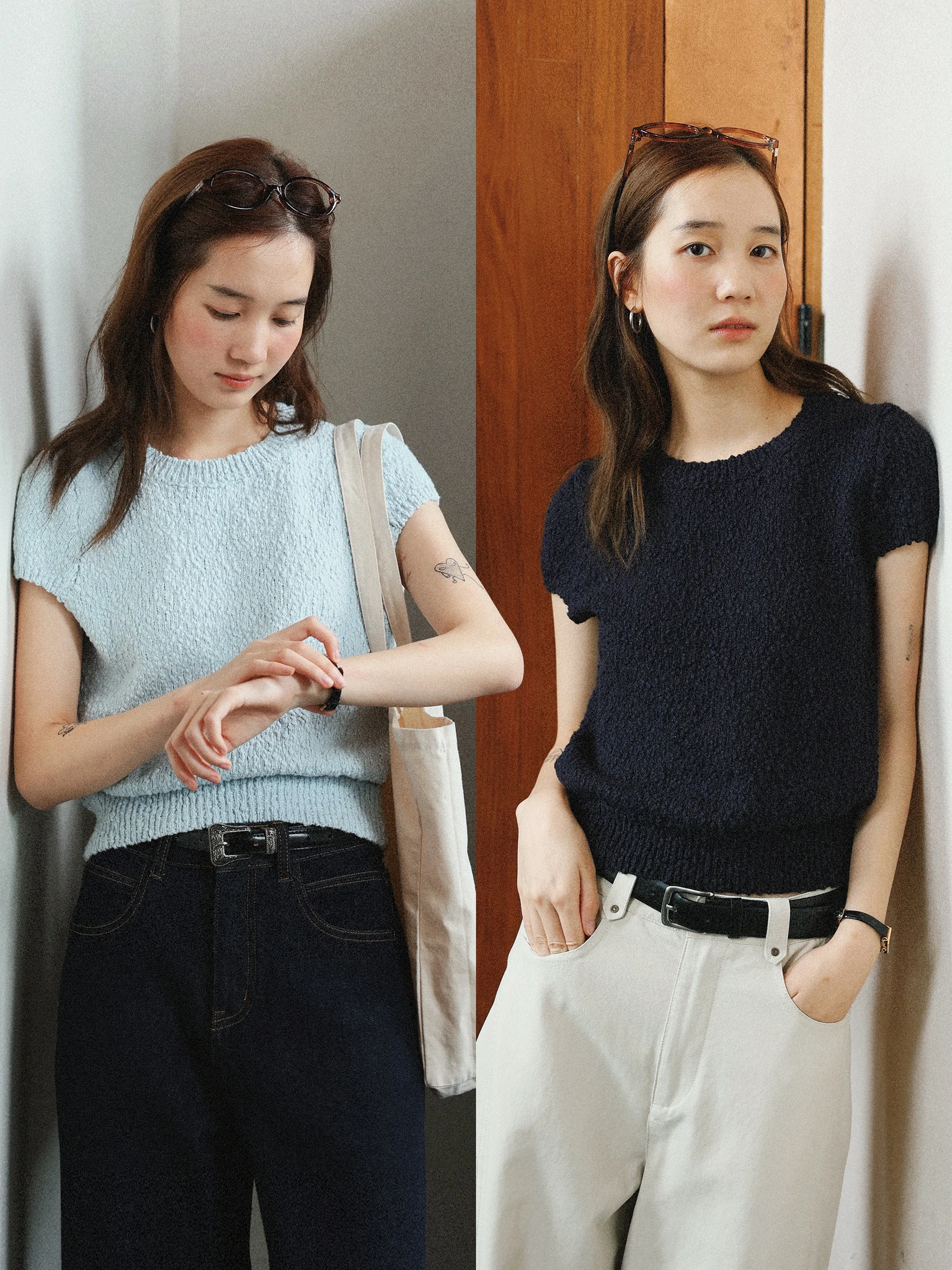 MUNNS RUIXI Textured Knitwear Women's Slim Fit Summer Top Bubble Sleeve Shirt French Style Cotton Short Sleeve round Neck