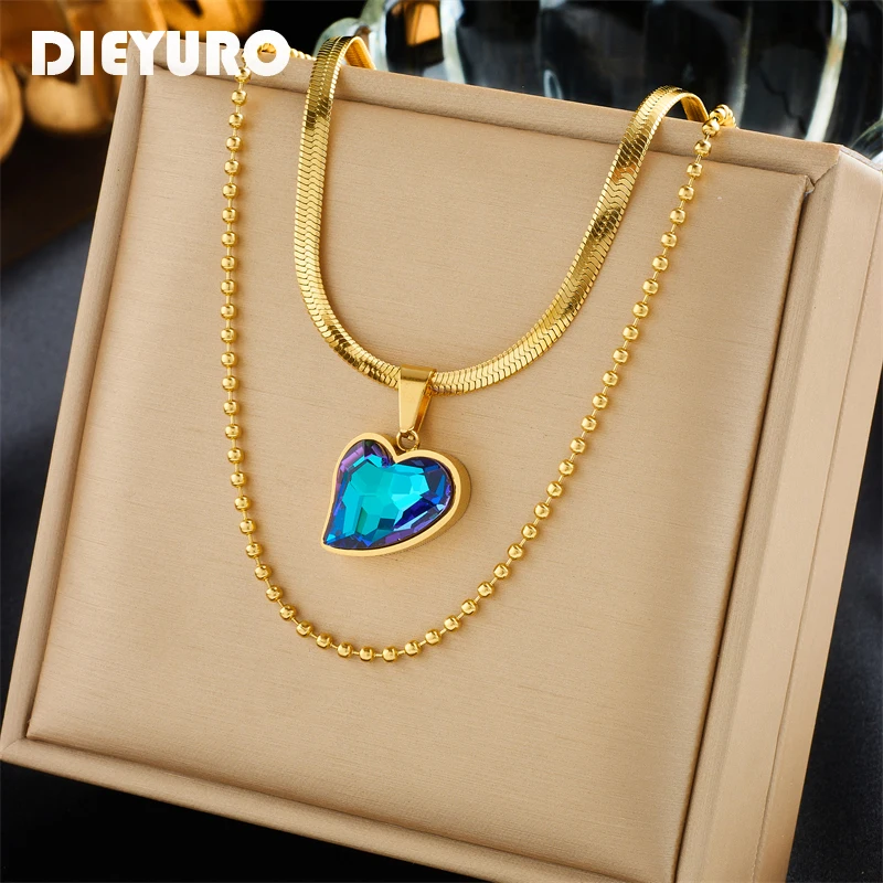 DIEYURO 316L Stainless Steel Luxury Colorful Crystal Pendant Necklace For Women Girl New Trend Heart Choker Chain Jewelry Gift