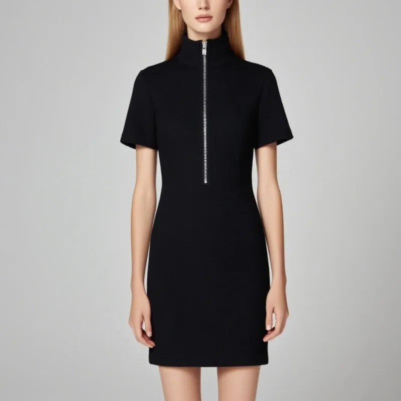 Robe d'été élégante, Sexy, couleur unie, fermeture éclair, coupe cintrée, manches courtes, Mini robe de soirée en boîte de nuit, 2025