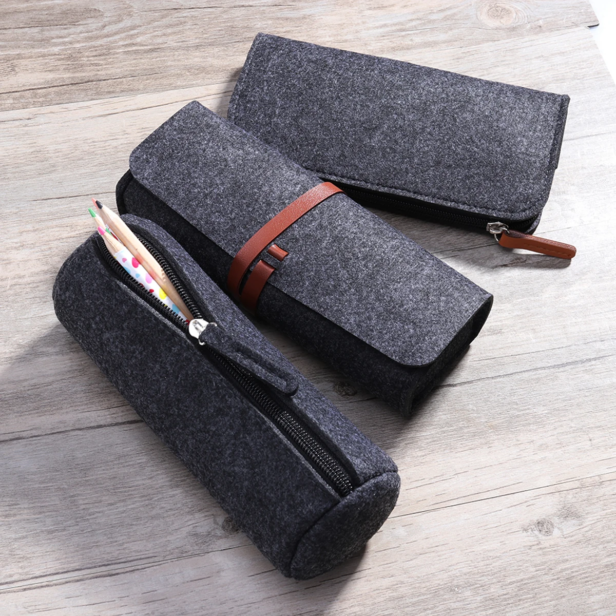 مجموعة مقلمة من اللباد مكونة من 3 قطع باللون الرمادي الداكن ذات سعة عالية منظم قرطاسية وحقيبة أقلام وحقيبة مكياج مقلمة #3