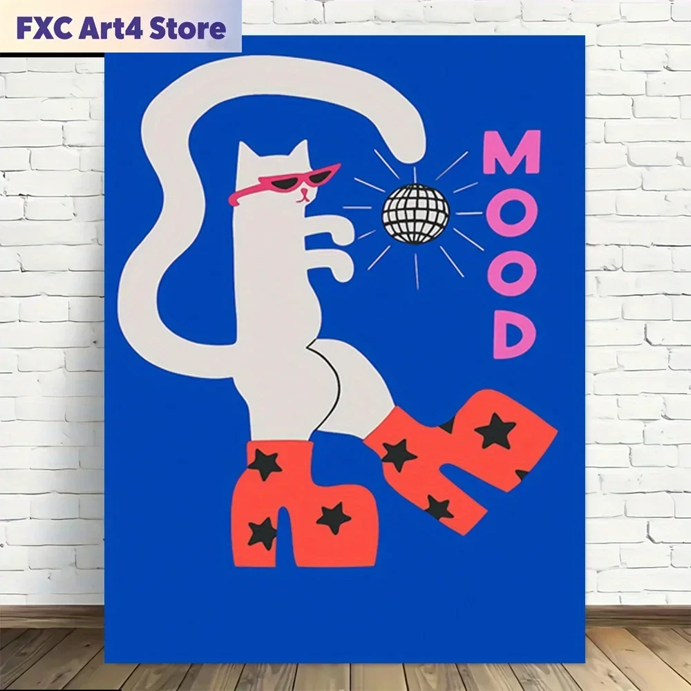 Frameless 2D Flat 1pc Retro Disco Cat Mood Decorative Wall Art - Vintage 70s 80s 90s Theme Canvas Poster, Frameless High-Quality
