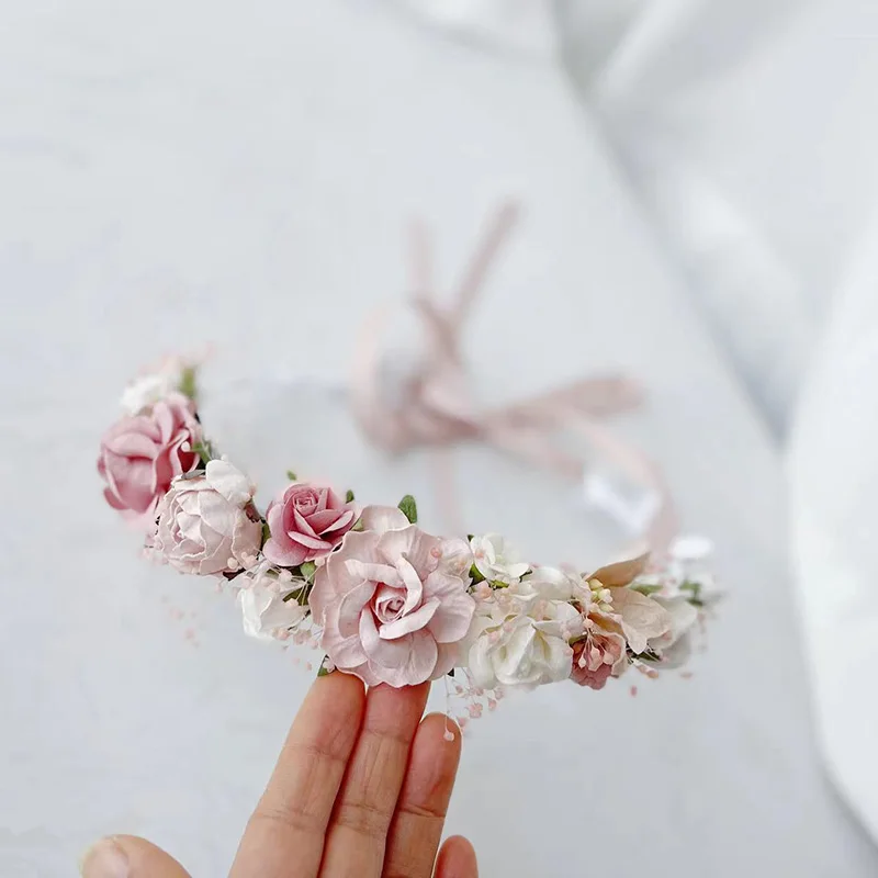 Dusty Pink Blush Pink White flower girl crown Baby Headband hair accessories