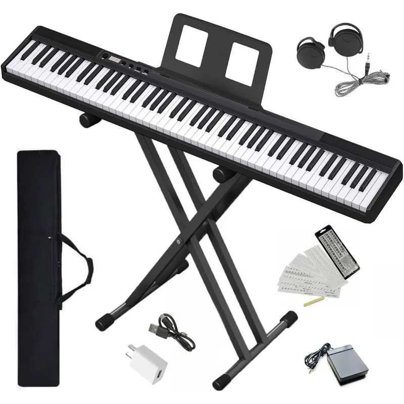 Piano Keyboard 88 Keys Compact Digital Headphones, Carrying Case (88 Key With Stand, Black)，home.