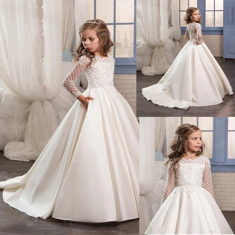 

Formal Princess Lace Stain Flower Girl Dresses for Wedding Sheer Long Sleeves First Communion Birthday Party Pageant Girls Gown